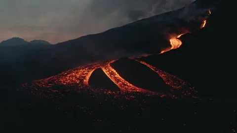 Dramatic 4K Eruption of Volcano with Molten Lava Flowing at Dusk Stock Footage 329198952