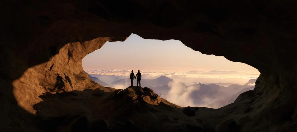 Dramatic Adventurous Scene with Man and Woman holding hands inside a Rocky Cave Stock Illustration