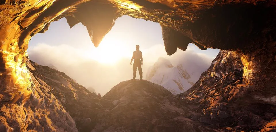 Dramatic Adventurous Scene with Man standing inside a Cave Stock Illustration