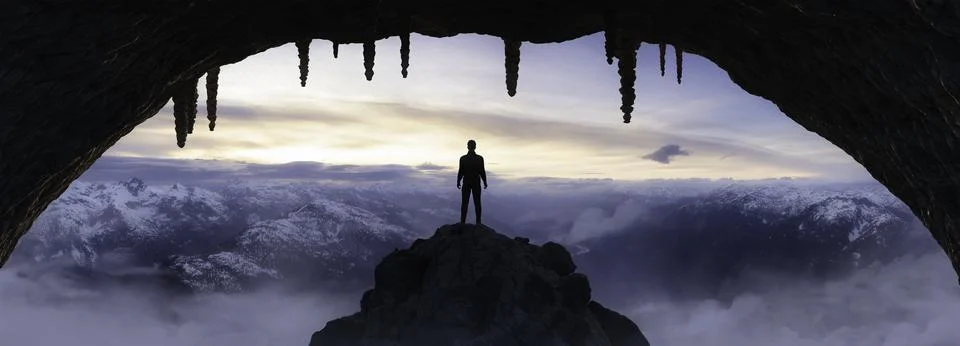 Dramatic Adventurous Scene with Man standing inside a Cave Stock Illustration