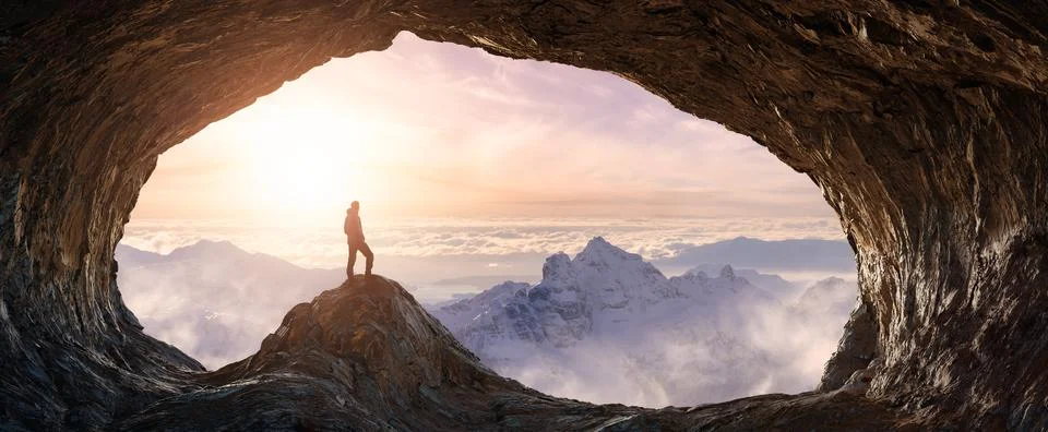 Dramatic Adventurous Scene with Man standing inside a Rocky Cave Landcspae. Stock Illustration