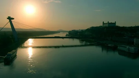 Dramatic Aerial of Bratislava Castle and SNP UFO Bridge, Bratislava Slovakia Stock Footage 129147459
