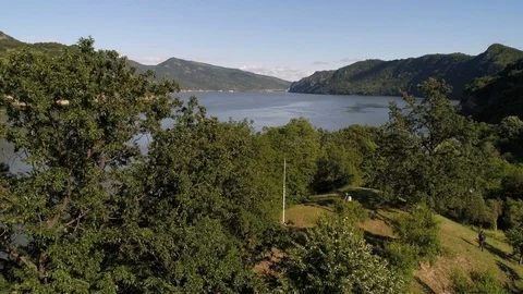 Dramatic Aerial Drone shot of rivers and mountains in Belgrade Stock Footage 94527438