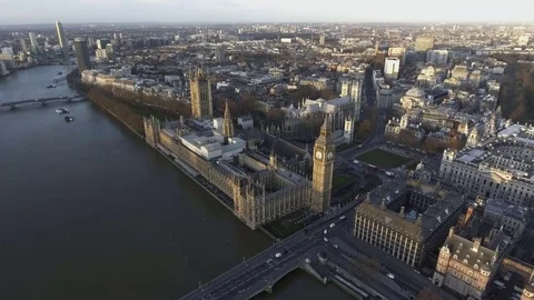 Dramatic Aerial Flight Over London Big Ben Houses of Parliament in Westminster Stock Footage