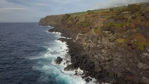 Dramatic Aerial Fly By Of Steep Volcanic Rock Cliffs On Atlantic Ocean Coast, Stock Footage 90626502