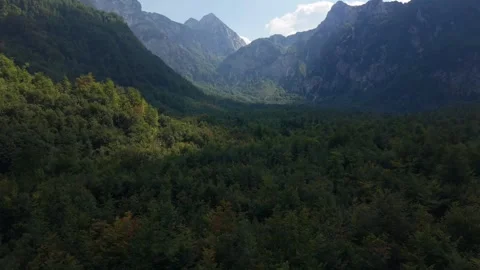 Dramatic Aerial Flyover of Forested Valley in Cloud Shadows below Prenj Mountain Stock Footage 342939230