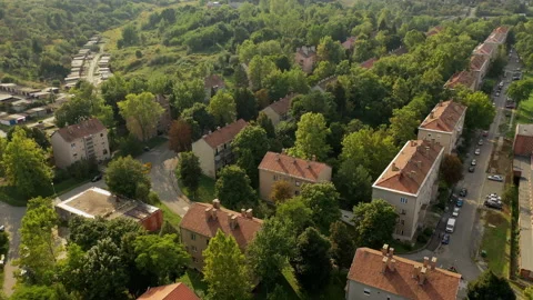 Dramatic aerial perspective city in Hungary. Sunny day. Stock Footage 142563789