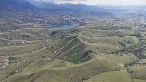 Dramatic Aerial Perspective Of South African Reservoir Under Brewing Storm Stock Footage 335240607