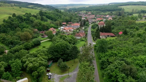 Dramatic aerial perspective village Hungary Trizs Stock Footage 138050867