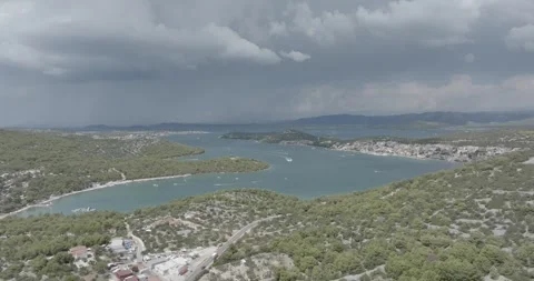 A Dramatic Aerial Push Towards Tisno, Croatia Stock Footage 248172732