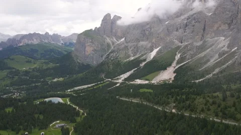 Dramatic Aerial Of Sassolungo Range, Dolomite Mountain Landscape, Italy Stock Footage 144424243