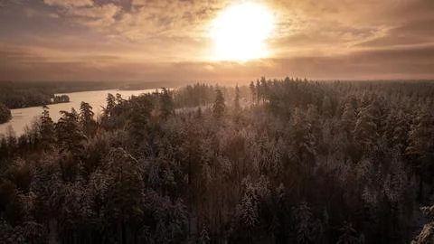 Dramatic aerial sunset over winter forest Stock Photos