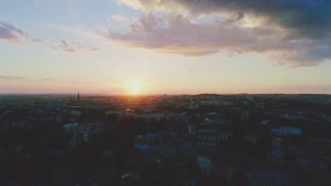 Dramatic aerial sunset timelapse hyperlapse over city of Lviv, Ukraine, urban Stock Footage 264769357