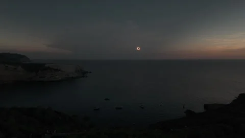 Dramatic aerial timelapse of ending of totality annular solar eclipse over Stock-Footage 343094580