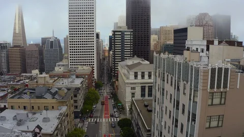 Dramatic Aerial Video of Trolley of San Francisco Street in the Fog Stock Footage 128000609