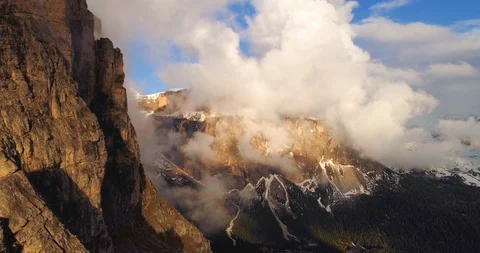 Dramatic Aerial View of Dolomites Mountains at Sunset Stock Footage 127136719