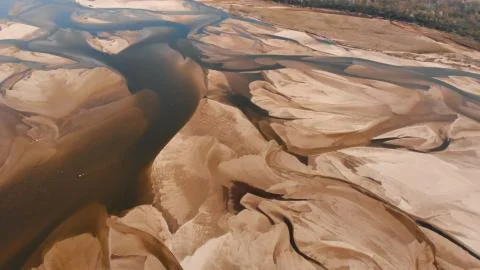 Dramatic aerial view of empty Vistula riverbed in Poland. Very dry summer Stock Photos