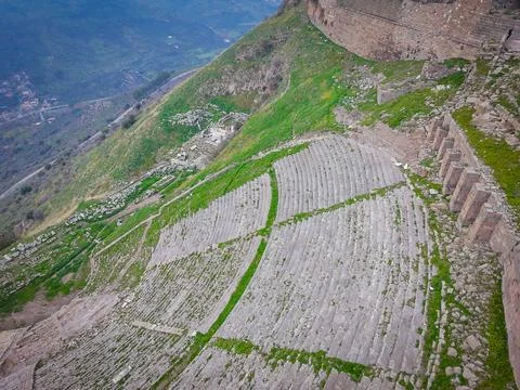 Dramatic aerial view of Pergamon's Steepest Ancient Theater, a legacy of th.. Stock Photos