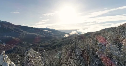 Dramatic Aerial View Of Snow Covered Trees And Mountains On Winter Day Stockbeeldmateriaal 100469649