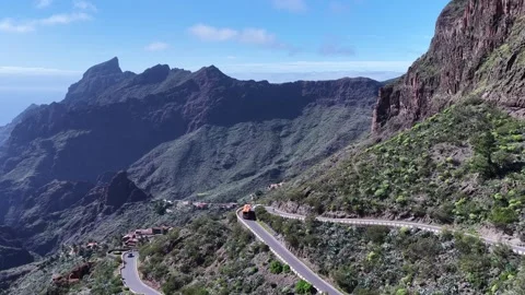 Dramatic Aerial View of Winding Road to Masca Village, Tenerife Stock Footage 346500592