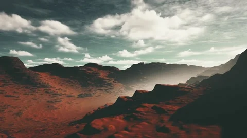 Dramatic Alien Mars Landscape With Misty Canyons And Cloud Sky Stock Footage 338250741