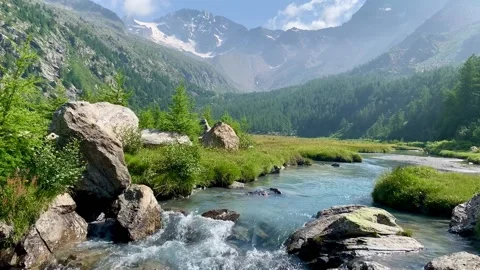 Dramatic alpine scenery landscape with flowing cold water river in Italy Stock Footage 160772431