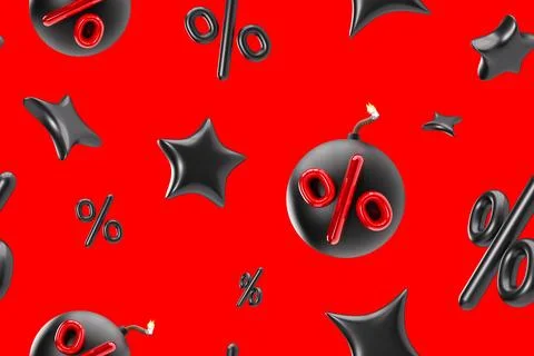 Dramatic and dynamic seamless pattern features red percentage symbols and black Stock Illustration