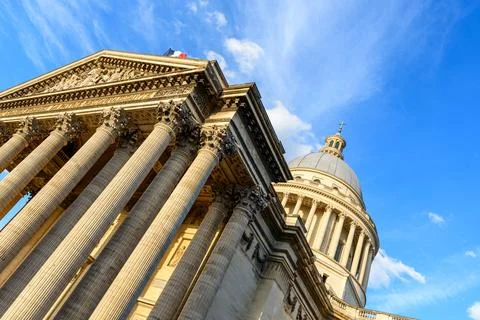 Dramatic angle of Pantheon facade and dome, Paris Stock Photos