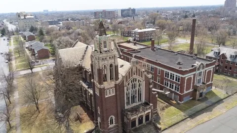 Dramatic Approach And Up Close Video Of St. Agatha Church Bell Tower And Steeple Stock Footage 106466199