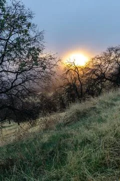 A dramatic atmosphere as the sun glows behind a thick of clouds Stock Photos