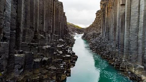 Dramatic Basalt Column Canyon Turquoise River East Iceland Stock Photos