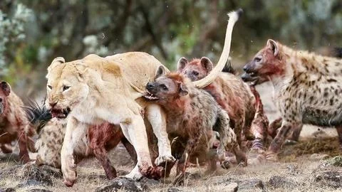 Dramatic Battle: Spotted Hyenas Attacking a Lioness Stock Photos