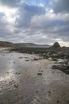 Dramatic beach view after the storms at Widemouth Bay 스톡 사진