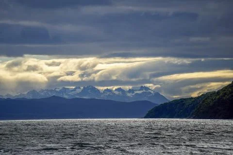 Dramatic Beagle Channel with Snow-Capped Andes Mountains Patagonia Stock Photos