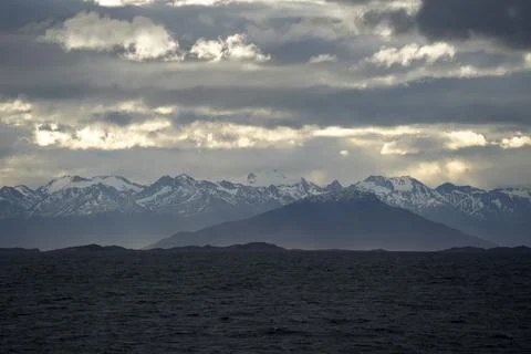 Dramatic Beagle Channel with Snow-Capped Andes Mountains Patagonia Stock Photos
