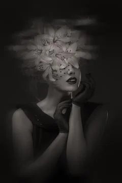 A dramatic black and white portrait of a mysterious woman with dark makeup,.. Stock Photos