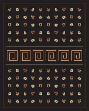 A dramatic black backdrop presents repeating copper pinecone and blossom em.. Illustrazione stock