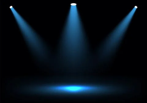 Dramatic blue spotlights converge on a dark stage creating a bold focal poi.. Illustrazione stock