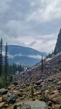 A dramatic Canadian mountain landscape featuring a rocky slope with scatter.. Stock Photos