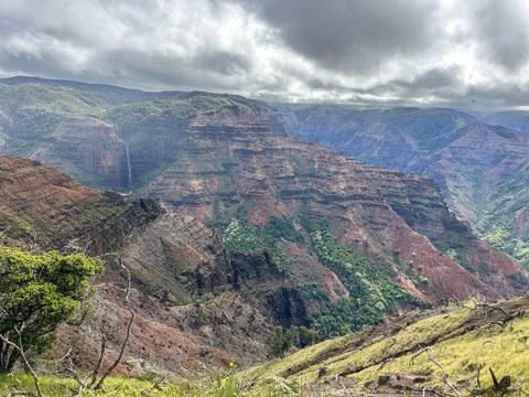 Dramatic Canyon and Tropical Valley Landscape, Kauai Hawaii Stock Photos