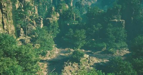 Dramatic canyon landscape with lush vegetation in sunlight Illustrazione stock