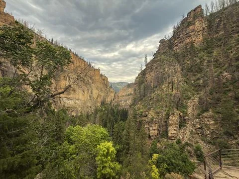 Dramatic Canyon View with Dense Forest and Stormy Skies Foto stock