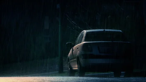 Dramatic Car In The Rain City Area. With Sound Stock Footage 274657277