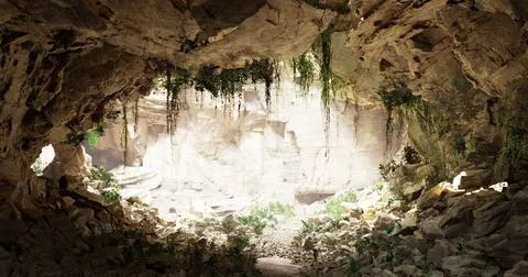 Dramatic cave interior reveals textured rock formations illuminated by sunlig Stock Illustration