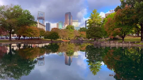 Dramatic Charlotte cityscape skyline on a fall autumn day Stock Footage 164303262