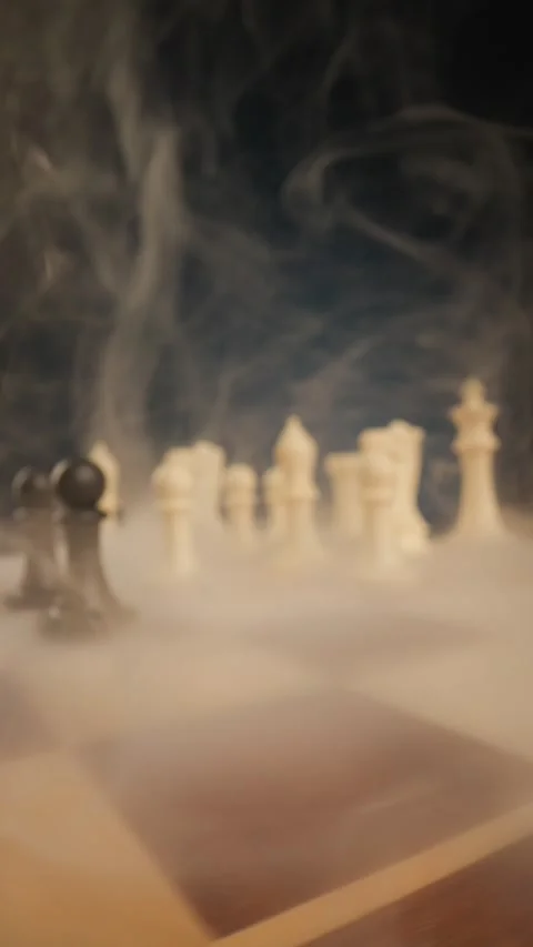 Dramatic chess game taking place on dark red background with smoke effect Stock Footage 268863393