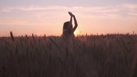Dramatic choreography dance on the wheat field in sunset light Stock Footage 200877157
