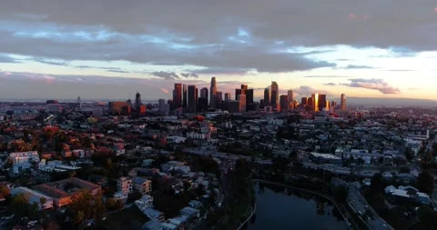 Dramatic Cinematic Aerial Drone Downtown Los Angeles Iconic Skyline Sunset Stock Footage 147568088
