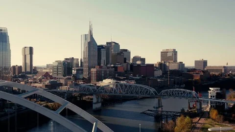 Dramatic Cinematic Aerial shot of Nashville skyline at Sunset 48fps Stock Footage