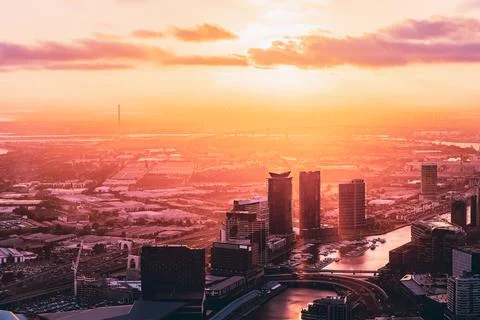 Dramatic City of A Skyline at Sunset from Eureka Tower in Melbourne in Australia Stock Photos